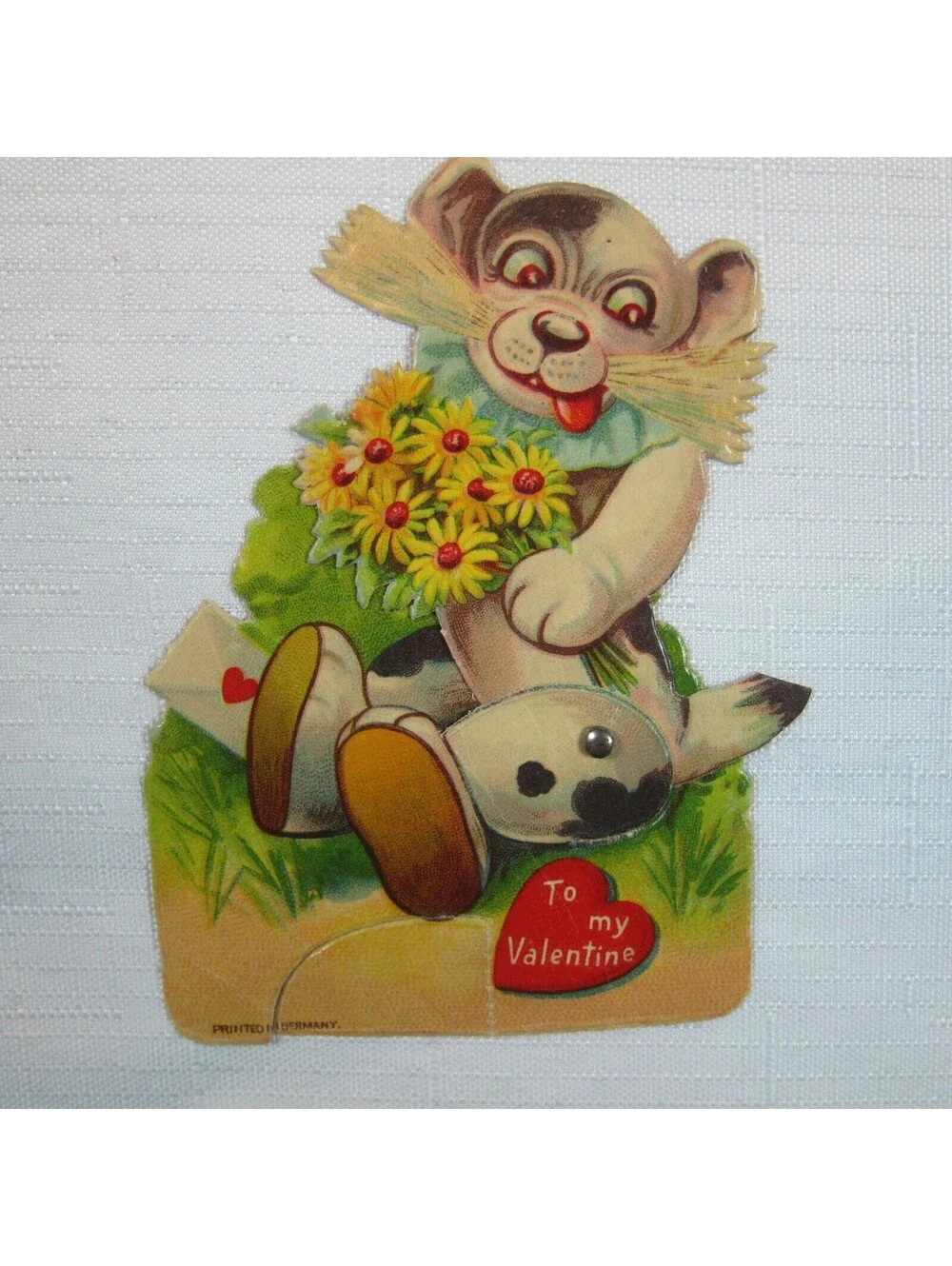 Vintage Valentine Card Mechanical Puppy Dog w/ Flowers Stand Up Germany 1920-30s